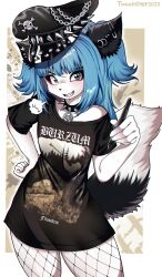  1boy absurdres animal_ears artist_name band_shirt blue_eyes blue_hair burzum collar ear_piercing fishnet_pantyhose fishnets fox_boy fox_ears fox_tail furry furry_male goth_fashion grin hat highres holding holding_stylus inverted_pentagram long_hair looking_at_viewer male_focus merchandise original pantyhose peaked_cap piercing shirt smile solo speech_bubble spiked_collar spiked_hat spikes stylus t-shirt tail teeth trap tweenstrip 