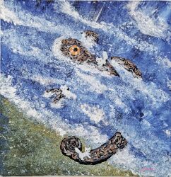  animal animal_focus chameleon chinese_commentary commentary_request day highres lifebuoy no_humans ocean original outdoors painting_(medium) partially_immersed rock scenery seascape shore simar0214 swim_ring traditional_media 