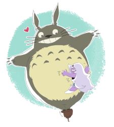  1girl amethyst_(steven_universe) black_shirt colored_skin creature crossover flying heart hug long_hair open_mouth purple_hair purple_skin shirt shorts simple_background smile spinning_top steven_universe tonari_no_totoro totoro toueia5dxal very_long_hair white_background 