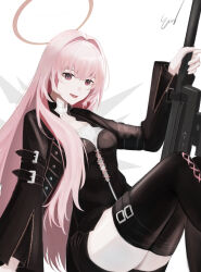  1girl :d absurdres arknights arm_belt belt belt_buckle black_belt black_jacket black_shorts black_thighhighs buckle feet_out_of_frame hair_intakes halo highres jacket lemuen_(arknights) long_hair long_sleeves looking_at_viewer open_mouth pink_eyes pink_hair pink_halo shorts simple_background sitting smile solo thighhighs traditional_halo tun-natthakarn white_background zipper 