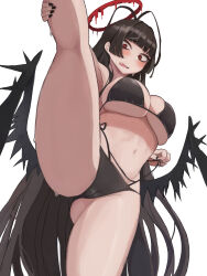  1girl absurdres antenna_hair bikini black_bikini black_hair black_nails black_wings blue_archive blush breasts cameltoe halo highres kim_somang large_breasts long_hair looking_at_viewer navel open_mouth red_eyes red_halo solo split standing standing_on_one_leg standing_split stomach sweat swimsuit tsurugi_(blue_archive) very_long_hair wings 