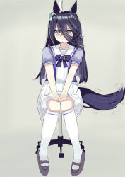  1girl animal_ears black_shoes bow bowtie closed_mouth collarbone colored_skin ear_tag earrings grey_background grey_eyes hair_between_eyes highres horse_ears horse_girl horse_tail jewelry long_bangs long_hair long_hair_between_eyes manhattan_cafe_(umamusume) motion_lines multicolored_skin pleated_skirt puffy_short_sleeves puffy_sleeves purple_bow purple_bowtie purple_shirt sailor_collar school_uniform shirt shirt_tucked_in shoes short_sleeves simple_background single_earring sitting skirt smile solo swivel_chair tail thighhighs tracen_school_uniform two-tone_skin umamusume very_long_hair white_hair white_sailor_collar white_shirt white_skirt white_thighhighs wybblr zettai_ryouiki 
