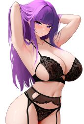 1girl absurdres armpits arms_behind_head arms_up bare_shoulders black_bra black_panties blunt_bangs blush bra breasts cleavage collarbone dress fern_(sousou_no_frieren) garter_belt highres large_breasts lingerie long_hair looking_at_viewer navel panties purple_eyes purple_hair sidelocks smitcuk solo sousou_no_frieren thighs underwear rating:Sensitive score:88 user:danbooru