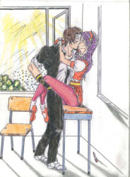  asamiya_athena classroom hair_ornament headband kiss kusanagi_kyou leg_grab psycho_soldier purple_eyes purple_hair school_uniform snk star_(symbol) star_hair_ornament the_king_of_fighters the_king_of_fighters_&#039;97 white_headband 