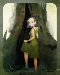  1girl border brown_hair clothes_lift dress dress_lift eyelashes green_dress looking_at_viewer looking_back ofelia pale_man pan&#039;s_labyrinth rounded_corners shoes short_hair signature sleeveless sleeveless_dress socks solo standing urasato 