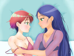 2girls amate_yuzuriha babydoll black_bra blush bra breasts cleavage closed_mouth commentary_request dress eye_contact green_eyes gundam gundam_gquuuuuux hand_on_another&#039;s_arm lalah_sune long_hair looking_at_another lying massa79 medium_breasts multiple_girls on_side parted_lips pink_babydoll purple_hair red_hair see-through_clothes see-through_dress short_hair smile strap_slip underwear yuri 