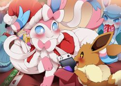  blush box christmas dagasi eevee gen_1_pokemon gen_2_pokemon gen_4_pokemon gen_6_pokemon gift gift_box glaceon hat highres nintendo nintendo_switch open_mouth pokemon santa_costume santa_hat sylveon vaporeon  rating:General score:61 user:Chaoticly