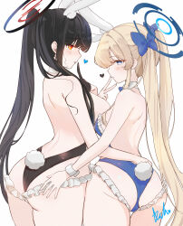  2girls absurdres alternate_costume animal_ears ash_(cat7evy) ass backless_leotard bare_back bare_shoulders black_gloves black_hair black_halo blonde_hair blue_archive blue_bow blue_eyes blue_halo blush bow breasts closed_mouth collar commentary detached_collar fake_tail from_behind gloves hair_between_eyes hair_bow halo hand_on_another&#039;s_ass hand_up high_ponytail highres leotard long_hair looking_at_viewer looking_back medium_breasts multiple_girls parted_lips playboy_bunny ponytail rabbit_ears rabbit_tail red_eyes rio_(blue_archive) signature simple_background strapless strapless_leotard tail toki_(blue_archive) toki_(bunny)_(blue_archive) v v_over_mouth very_long_hair white_background white_collar 