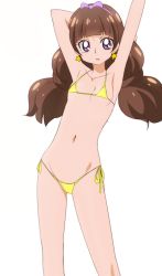  1girl amanogawa_kirara bikini breasts brown_hair earrings female_focus go!_princess_precure hairband jewelry long_hair looking_at_viewer oimanji precure purple_eyes side-tie_bikini_bottom simple_background small_breasts solo star_(symbol) star_earrings swimsuit twintails white_background yellow_bikini  rating:Sensitive score:18 user:danbooru