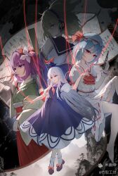  4girls absurdres ascot black_shoes blonde_hair blue_dress blue_hair blue_hat bow calligraphy_brush center_frills closed_mouth dress earmuffs flower footwear_bow frills green_kimono hair_flower hair_ornament hat hieda_no_akyuu highres holding holding_brush holding_pen japanese_clothes kamishirasawa_keine kimono long_hair looking_at_viewer looking_back mob_cap multiple_girls neckerchief paintbrush pen puffy_short_sleeves puffy_sleeves purple_eyes purple_hair red_ascot red_bow red_eyes red_neckerchief red_skirt remilia_scarlet ritual_baton scroll shirt shoes short_hair short_sleeves skirt sleeveless sleeveless_shirt socks touhou toyosatomimi_no_miko very_long_hair white_hair white_hat white_shirt white_skirt white_socks wrist_cuffs zhuqugongfang 