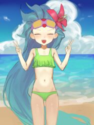  1girl beach bikini blue_hair blue_sky blush closed_eyes cloud day dot_nose double_v feet_out_of_frame female_focus flat_chest flower goggles goggles_on_head hair_flower hair_ornament hands_up happy league_of_legends loli long_hair navel official_alternate_costume open_mouth outdoors pink-framed_eyewear pool_party_zoe sand sky solo standing swimsuit teeth tinted_eyewear underscore_(pixiv67545180) upper_teeth_only v very_long_hair yellow-tinted_eyewear zoe_(league_of_legends)  rating:Sensitive score:3 user:Only_Kemonomimi