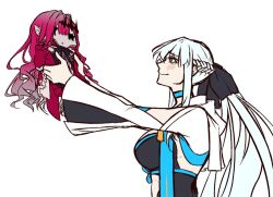  2girls baobhan_sith_(fate) baobhan_sith_(first_ascension)_(fate) black_dress blush breasts deformed dress fate/grand_order fate_(series) grey_eyes hair_ornament hair_ribbon long_hair moren_eh morgan_le_fay_(fate) morgan_le_fay_(second_ascension)_(fate) mother_and_daughter multiple_girls pink_hair pointy_ears ponytail red_dress ribbon sidelocks smile white_background white_hair 