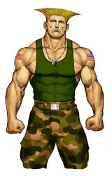  1boy american_flag american_flag_tattoo arms_at_sides blonde_hair boots camouflage camouflage_pants capcom_vs_snk clenched_hands dog_tags flattop game_cg guile highres ikeno_daigo male_focus muscular muscular_male no_eyebrows non-web_source official_art pants simple_background smile solo standing street_fighter tank_top tattoo white_background 