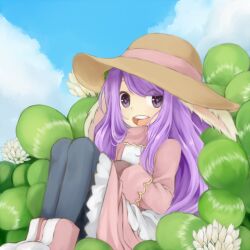  1girl animal_ears black_pantyhose blue_sky boots brown_gloves brown_hat bush cloud commentary_request day floppy_ears flower full_body gloves hat jacket long_hair long_sleeves looking_at_viewer meiko_(nattu303) merchant_(ragnarok_online) open_mouth outdoors pantyhose pink_boots pink_jacket pink_skirt purple_eyes purple_hair rabbit_ears rabbit_girl ragnarok_online round_teeth shirt sitting skirt sky smile solo sun_hat teeth upper_teeth_only white_flower white_shirt 
