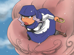  1boy 1girl black_eyes blue_hood blue_skirt blue_sky boots brown_boots cloud commentary_request flying full_body grey_hair hood hood_up hoop kumoi_ichirin lips onikobe_rin open_mouth shirt short_hair skirt sky touhou unzan v-shaped_eyes white_shirt 