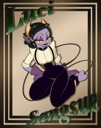  1930s_(style) 1girl absurdres arm_support artist_name black_collar black_lips black_pants black_suspenders border breasts buttons cartoonized character_name collar collared_shirt colored_sclera colored_skin cuphead_(game) demon_girl demon_horns demon_tail evil_grin evil_smile formal_clothes full_body gem glint gloves gold_border gold_horns gradient_background green_eyes green_gemstone grin hand_on_own_hip high-waist_pants high_heels highres horns large_breasts leech_girl lil-bobcatz looking_at_viewer luci_sangsue_(pearrosite) medium_hair original outside_border pac-man_eyes pants pointy_ears purple_gloves purple_skin purple_tail sharp_teeth shirt sitting sleeves_rolled_up smile solo suspender_pants swept_bangs tail teeth toon_(style) wariza white_shirt yellow_sclera 