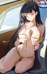  1girl absurdres alternate_costume bare_shoulders bikini black_hair blue_archive blush breasts car_interior cleavage commentary gold_bikini hair_ornament hairclip halo highres large_breasts long_hair looking_at_viewer navel red_eyes ringed_eyes rio_(blue_archive) sitting solo stomach swimsuit szai thighs very_long_hair 