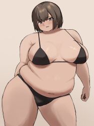 1girl arm_behind_back bikini black_bikini blush breasts breasts_apart brown_eyes brown_hair fat fat_rolls fat_woman highres large_breasts naasan84181 navel open_mouth original short_hair simple_background solo standing sweat swimsuit