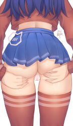 1girl absurdres ass ass_focus blue_hair blue_skirt commentary_request cropped_shirt from_behind grabbing_own_ass highres kind_mita_(miside) long_hair long_sleeves microskirt miside mita_(miside) panties pleated_skirt red_shirt red_thighhighs shirt sia233333 signature simple_background skindentation skirt solo spoken_blush thighhighs thighs underwear white_background white_panties rating:Questionable score:102 user:danbooru