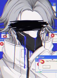  1boy absurdres aotsuki_eito black_gloves blood blood_on_gloves blue_background blue_blood censored censored_identity chinese_commentary chromatic_aberration commentary covering_own_mouth english_commentary error_message glasses gloves grey_hair hand_over_own_mouth highres jacket letterboxed looking_at_viewer male_focus mixed-language_commentary short_hair solo spoilers the_hundred_line_-last_defense_academy- weic1217 