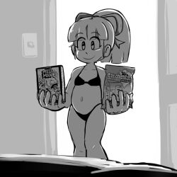  bed bikini chips_(food) door food fupoo hair_ribbon loli mega_man_(classic) mega_man_(series) mega_man_3 midriff monochrome navel open_door picket_fences ribbon roll_(mega_man) swimsuit  rating:Sensitive score:41 user:Sonofgaia