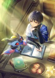  1boy armor artist_name black_bridal_gauntlets black_eyes black_hair blue_cape blue_kimono blunt_ends book book_stack bookshelf bowl bridal_gauntlets bright_pupils cape chair dragon elbow_on_table elbow_rest eyeliner eyeshadow furisode genshin_impact gold_ring gold_trim head_rest highres japanese_armor japanese_clothes juban kimono kote kurokote looking_at_animal looking_at_another makeup male_focus middle_ring mini_durin_(dragon)_(genshin_impact) mini_durin_(genshin_impact) okkobc open_book open_clothes open_kimono open_mouth red_eyeliner red_eyeshadow scaramouche_(genshin_impact) sitting small_dragon table tsurime turning_page wanderer_(genshin_impact) white_kimono white_mouth white_pupils wispy_bangs wooden_chair wooden_floor wooden_table wooden_wall zaytun_peach_(genshin_impact) 