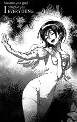  1girl alien_stage closed_eyes commentary dress earrings english_commentary english_text greyscale hairband hand_on_own_chest highres jewelry juliet_sleeves koaen0024 long_sleeves lyrics monochrome music off-shoulder_dress off_shoulder open_mouth pencil_dress puffy_sleeves short_hair singing solo sphere_earrings sua_(alien_stage) wings 