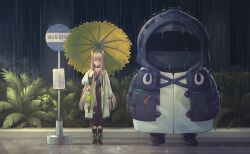 1girl 1other absurdres ambiguous_gender arknights black_choker black_coat black_footwear black_skirt brown_eyes brown_hair bus_stop choker coat collarbone commentary doctor_(arknights) english_commentary highres holding holding_umbrella long_hair long_skirt muelsyse_(arknights) outdoors pointy_ears rain skirt standing thokuma tonari_no_totoro totoro_bus_stop umbrella very_long_hair white_coat yellow_umbrella 