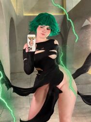  1girl areola_slip bad_tag cosplay female female_focus green_hair neyrodesu nipple_slip nipples no_panties nothing_under one-punch_man pelvic_curtain photo_(medium) revealing_clothes selfie solo solo_focus tatsumaki torn_clothes 