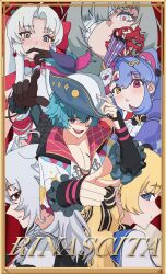  1boy 5girls absurdres bandage_over_one_eye black_gloves blonde_hair blue_hair blue_shirt blush brant_(wuthering_waves) carlotta_(wuthering_waves) closed_mouth collarbone commentary gloves grey_hair hand_up hat heterochromia highres jacket long_hair looking_at_viewer multiple_girls open_clothes open_mouth open_shirt parted_bangs parted_lips phoebe_(wuthering_waves) phrolova_(wuthering_waves) pink_eyes pink_jacket pointing pointing_at_viewer purple_eyes purple_hair red_eyes roccia_(wuthering_waves) shirt short_hair smile tricorne white_hair wuthering_waves yellow_eyes yonyanyon zani_(wuthering_waves) 