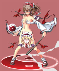 2girls ao_usagi blonde_hair blush bow breasts brown_hair censored convenient_censoring covering_breasts covering_privates detached_sleeves elbow_gloves female_focus gap_(touhou) gloves gohei grabbing_another&#039;s_breast groping hakurei_reimu half_updo hat legs living_clothes long_hair medium_breasts multiple_girls navel nude portal_(object) purple_eyes shide standing touhou yakumo_yukari yin_yang yuri rating:Questionable score:24 user:danbooru