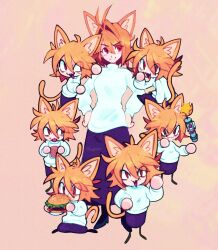  1girl 6+girls :3 ahoge animal_ear_fluff animal_ears antenna_hair arcueid_brunestud blonde_hair blue_skirt bomb breasts burger cat_ears cat_girl cat_tail chibi closed_mouth degodraws eating fang food fox_tail hair_between_eyes hair_intakes hand_on_own_hip highres holding holding_food long_skirt long_sleeves looking_at_viewer melty_blood multiple_girls neco-arc one_eye_closed open_mouth pants pipe_bomb purple_skirt red_eyes shirt short_hair short_sleeves skirt slit_pupils smile standing sweater tail tongue tongue_out tsukihime turtleneck turtleneck_sweater white_shirt white_sweater 