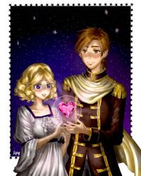 1boy 1girl blonde_hair brown_eyes brown_hair commentary couple cowboy_shot dress english_commentary epaulettes heart highres morp_(mpkp76) night night_sky parted_bangs purple_eyes scarf short_hair sky smile star_(sky) sugar_sugar_rune vanilla_mieux white_dress woo_(sugar_sugar_rune) 