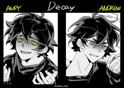 1boy :d ahoge andrew_graves annoyed bags_under_eyes between_fingers black_border border bright_pupils character_name cigarette clenched_teeth commentary crying crying_with_eyes_open despair double-parted_bangs english_text fingernails from_above green_eyes hair_between_eyes hand_up hands_up highres holding holding_cigarette male_focus multiple_views open_mouth portrait raised_inner_eyebrows shaded_face short_hair simple_background smile spoilers spot_color sweater symbol-only_commentary tears teeth the_coffin_of_andy_and_leyley tongue upturned_eyes v-shaped_eyebrows white_background zayaaa_zaya 