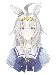  1girl ahoge animal_ears blue_eyes bow bowtie closed_mouth ear_bow ear_ornament grey_hair hair_between_eyes hair_ornament hairband highres horse_ears horse_girl long_hair looking_at_viewer multicolored_hair oguri_cap_(umamusume) purple_bow purple_bowtie purple_sailor_collar purple_serafuku purple_shirt sailor_collar sailor_shirt school_uniform serafuku shirt simple_background solo sowoqa tracen_school_uniform umamusume umamusume:_cinderella_gray upper_body white_sailor_collar 