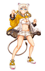  1girl absurdres animal_ears blue_eyes braid braided_hair_rings breasts character_request cleavage clenched_hands commentary_request copyright_request full_body grin hair_rings highres jacket light_brown_hair long_hair looking_at_viewer medium_breasts midriff multicolored_jacket multicolored_shoes navel shoes simple_background smile solo sports_bra standing stomach tail two-tone_jacket two-tone_shoes virtual_youtuber white_background white_jacket white_shoes white_sports_bra yellow_jacket yellow_shoes yumeno_tanuki 