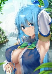  1girl aqua_(konosuba) arm_behind_head arm_up armpits blue_eyes blue_hair blue_shirt blush bow breasts cleavage day detached_sleeves forest green_bow hair_ornament hair_rings highres kono_subarashii_sekai_ni_shukufuku_wo! lake large_breasts long_hair looking_at_viewer nature noeru open_mouth outdoors scenery shirt sky solo standing water waterfall wet  rating:Sensitive score:124 user:danbooru