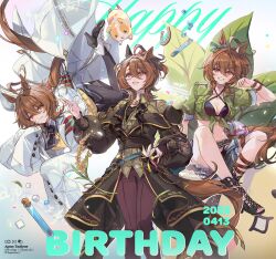  1girl agnes_tachyon_(sigma_experiment)_(umamusume) agnes_tachyon_(umamusume) ahoge animal_ears arm_behind_back belt bikini black_bikini black_necktie black_pantyhose blue_shorts brown_eyes brown_hair brown_pants calculus character_name commentary_request creature criss-cross_halter dated denim denim_shorts ear_covers ear_ornament earrings equation flask green_jacket grin guinea_pig halterneck happy_birthday hem_peeking_out high_heels horse_ears horse_girl horse_tail horseshoe huge_ahoge jacket jewelry kii-kun_(agnes_tachyon)_(umamusume) lab_coat leg_belt long_sleeves mandrake math medium_hair micro_shorts midriff monocle multiple_views necktie official_alternate_costume official_alternate_hairstyle open_clothes open_shorts pants pantyhose physics ponytail puffy_long_sleeves puffy_sleeves round-bottom_flask sandals shoes short_necktie short_ponytail short_sleeves shorts single_ear_cover single_earring smile strap sugar_cube sweater swimsuit tail test_tube tied_jacket umamusume welchino white_shoes wolf_cut wrist_straps yellow_sweater 