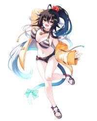  1girl :d absurdres ahoge animal_ears bell bikini black_hair black_sandals black_shorts bow breasts cat_ears cat_tail flower hair_flower hair_ornament hasumi_(hasubatake39) highres huge_breasts jacket long_hair micro_shorts neck_bell open_clothes open_jacket open_mouth original ponytail sandals setsuna_(hasumi_(hasubatake39)) shorts smile solo striped_bikini striped_clothes swimsuit tail tail_bow tail_ornament very_long_hair yellow_eyes yellow_nails 