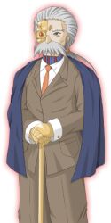  1boy banshiryuu brown_shirt cane collar cyborg erich_(seihou) facial_hair formal_clothes game_cg long_sleeves lowres mustache necktie non-web_source old old_man pants ponytail seihou shirt suit third-party_source white_hair white_shirt 