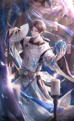  1boy apron artist_request black_hanfu blue_flower bow brown_hair candle chinese_clothes closed_mouth detached_sleeves earrings expressionless feet_out_of_frame fire floating_earrings flower folding_fan game_cg grey_bow grey_eyes hand_fan hanfu highres holding holding_fan holding_flower jewelry layered_sleeves light-skinned_palms light_rays light_smile long_sleeves male_focus nikki_(series) official_art parted_bangs qin_yi shining_nikki short_hair single_earring solo sparkle spider_lily standing tassel tassel_earrings waist_bow white_apron white_sleeves wide_sleeves 