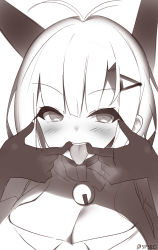 1girl :d antenna_hair azur_lane bell blush breasts breath choker cleavage elbow_gloves female_focus finger_in_own_mouth foxhound_(azur_lane) foxhound_(retrofit)_(azur_lane) gloves greyscale hair_ornament hairclip headgear highres jingle_bell large_breasts looking_at_viewer monochrome neck_bell open_mouth oral_invitation simple_background smile solo supershiruco tongue tongue_out twitter_username upper_body white_background rating:Sensitive score:17 user:danbooru