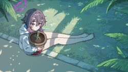  1girl alternate_costume bare_legs barefoot blue_archive commentary flower_pot full_body hair_ornament hairclip haruka_(blue_archive) highres holding holding_flower_pot jacket leaf looking_at_viewer on_grass on_ground pixel_art pleated_skirt purple_eyes purple_hair red_skirt shadow sitting skirt solo sweatdrop tinia_etru toes weeds white_jacket 