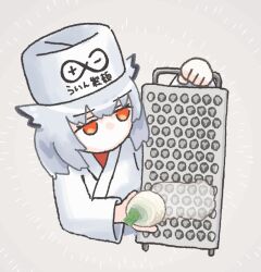  1girl animal_ears animated animated_gif arknights bird_ears chef commentary_request cropped_torso daikon food grater grating_(action) grey_background grey_hair hat holding holding_food holding_vegetable japanese_clothes kimono long_sleeves no_mouth no_nose oudonium ptilopsis_(arknights) radish red_eyes rhine_lab_logo short_hair simple_background solo vegetable white_hat white_kimono wide_sleeves 