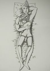  1boy 1girl absurdres aftersex android artist_logo bed closed_eyes dorothy_haze girl_on_top hetero highres joints lewd-chan logo loli lying_on_person monochrome penis pillow robot_girl robot_joints sex sleep_sex sleeping smile tagme va-11_hall-a  rating:Explicit score:11 user:godfinger1