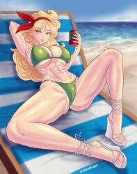  abs alcohol assymptoad beach beer bikini blonde_hair cameltoe curly_hair dragon_ball feet green_eyes high_heels highres lipstick long_hair long_legs looking_at_viewer lunch_(bad)_(dragon_ball) lunch_(dragon_ball) makeup nail_polish sitting swimsuit tagme toes toned toned_female  rating:Questionable score:22 user:starvingthanos