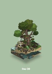 absurdres basket bone campfire commentary_request diorama gozz green_background highres isometric leaf log original palm_leaf pottery skull smoke stairs teruterubouzu tree treehouse rating:General score:2 user:danbooru
