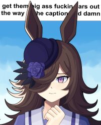  1girl absurdres animal_ears blue_flower blue_hat blue_sky blush bobamiruku brown_hair closed_mouth commentary commentary_request english_commentary english_text flipped_hair flower get_them_bigass_ears_out_of_the_caption_(meme) hair_over_one_eye hand_up hat hat_flower highres horse_ears horse_girl long_hair meme portrait profanity purple_eyes purple_sailor_collar purple_shirt rice_shower_(umamusume) sailor_collar school_uniform shirt sky solo tilted_headwear tracen_school_uniform umamusume 