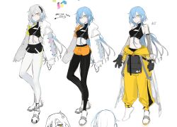  1girl alternate_costume arrow_(symbol) baggy_pants black_pantyhose blue_hair cleavage_cutout clothing_cutout commentary crop_top detached_sleeves english_commentary english_text hair_ornament halterneck hetero highres jacket jellyfish_cut long_hair multiple_views open_clothes open_jacket original pants pantyhose puffy_sleeves red_eyes reference_sheet sandals short_shorts shorts stomach white_hair white_jacket white_pantyhose yellow_eyes yoimon 