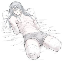  1boy absurdres amputee bandage_on_face bandage_over_one_eye bandaged_arm bandaged_leg bandages closed_mouth da_re666 grey_hair grey_male_underwear head_on_pillow highres jujutsu_kaisen long_hair lying mahito_(jujutsu_kaisen) male_focus male_underwear on_back pale_skin pillow quadruple_amputee scar scar_on_neck solo underwear white_background yellow_eyes 